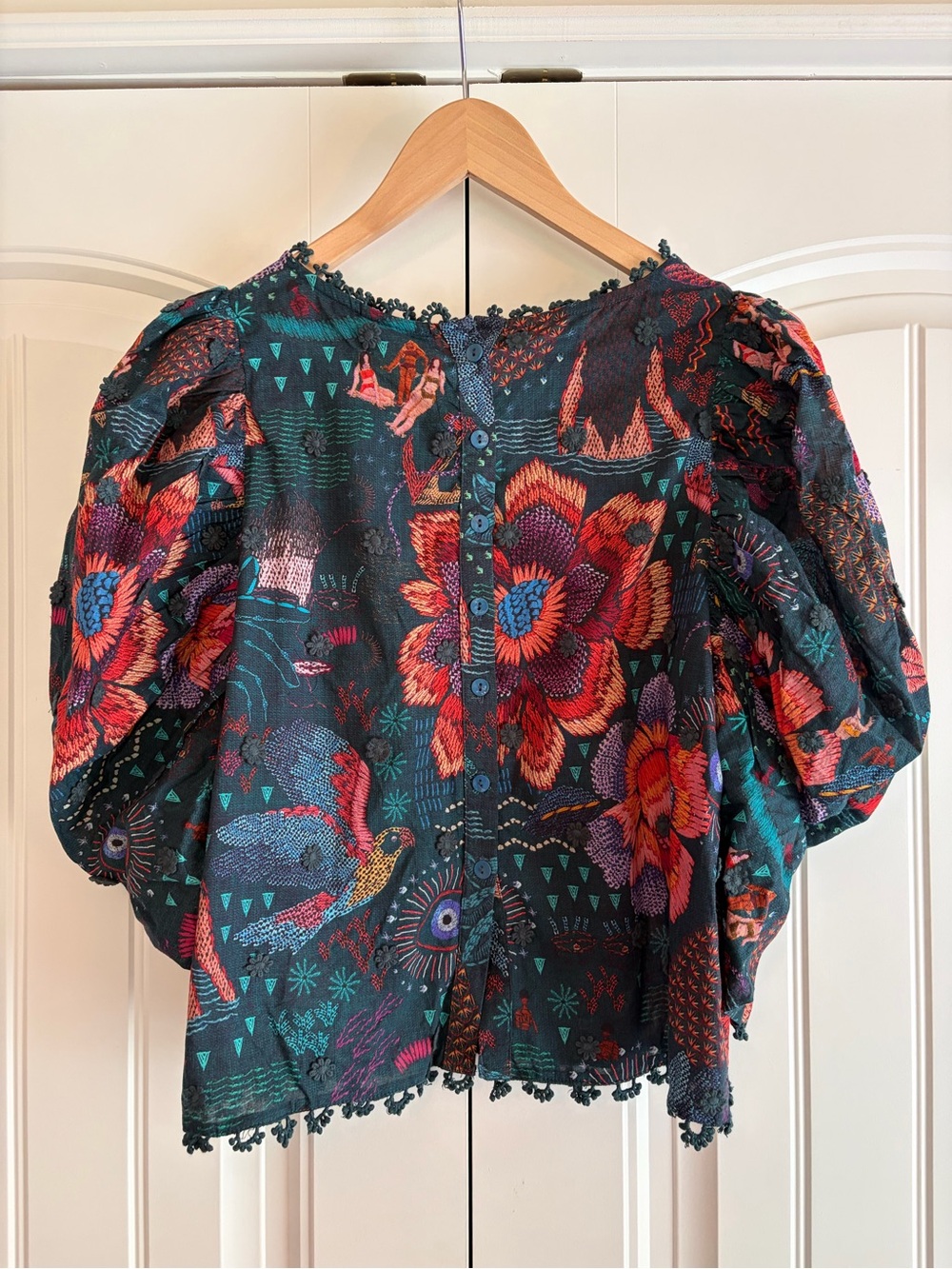 Farm Rio NWT Teal River Creatures Puff Sleeve Blouse Floral Embroidered Size S - Picture 7 of 15